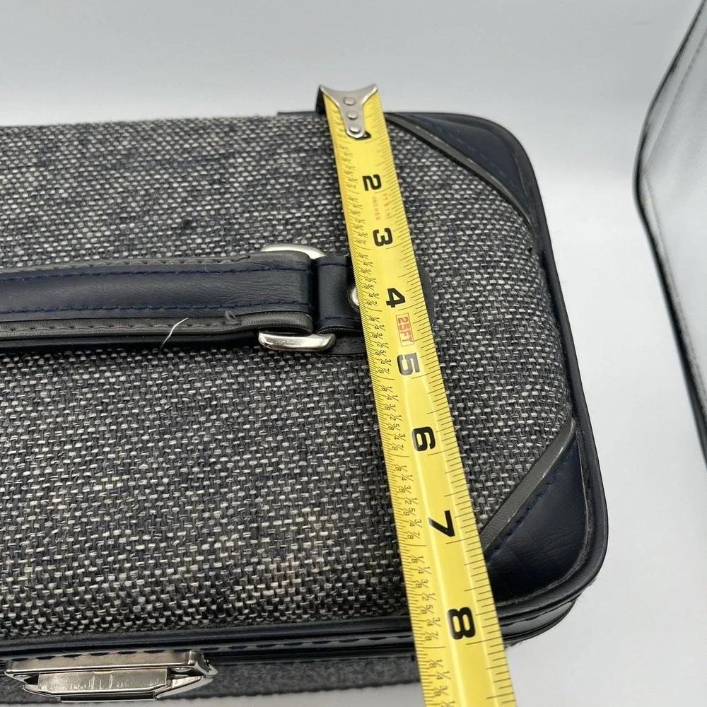 Blue Tweed Cloth Vanity Train Travel Case Inside Tray Pop-up Mirror